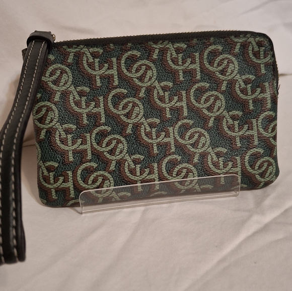 Coach Handbags - Coach Green and Brown Monogram Logo Patterned Wristlet